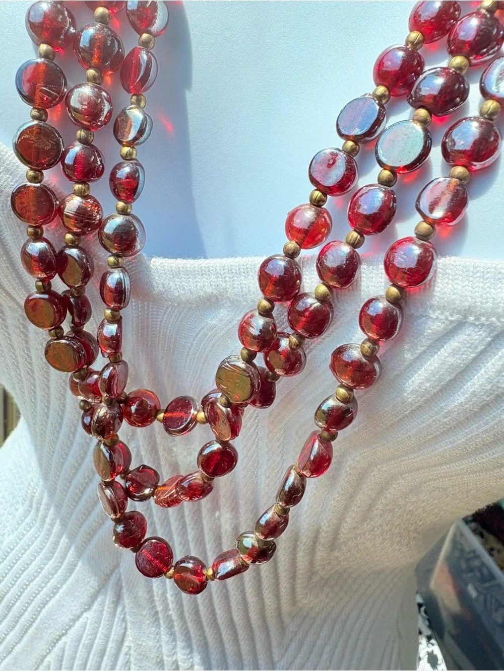 Italian Multi-Strand Red Murano Glass iridescent Bead Necklace Gold Accents 30”